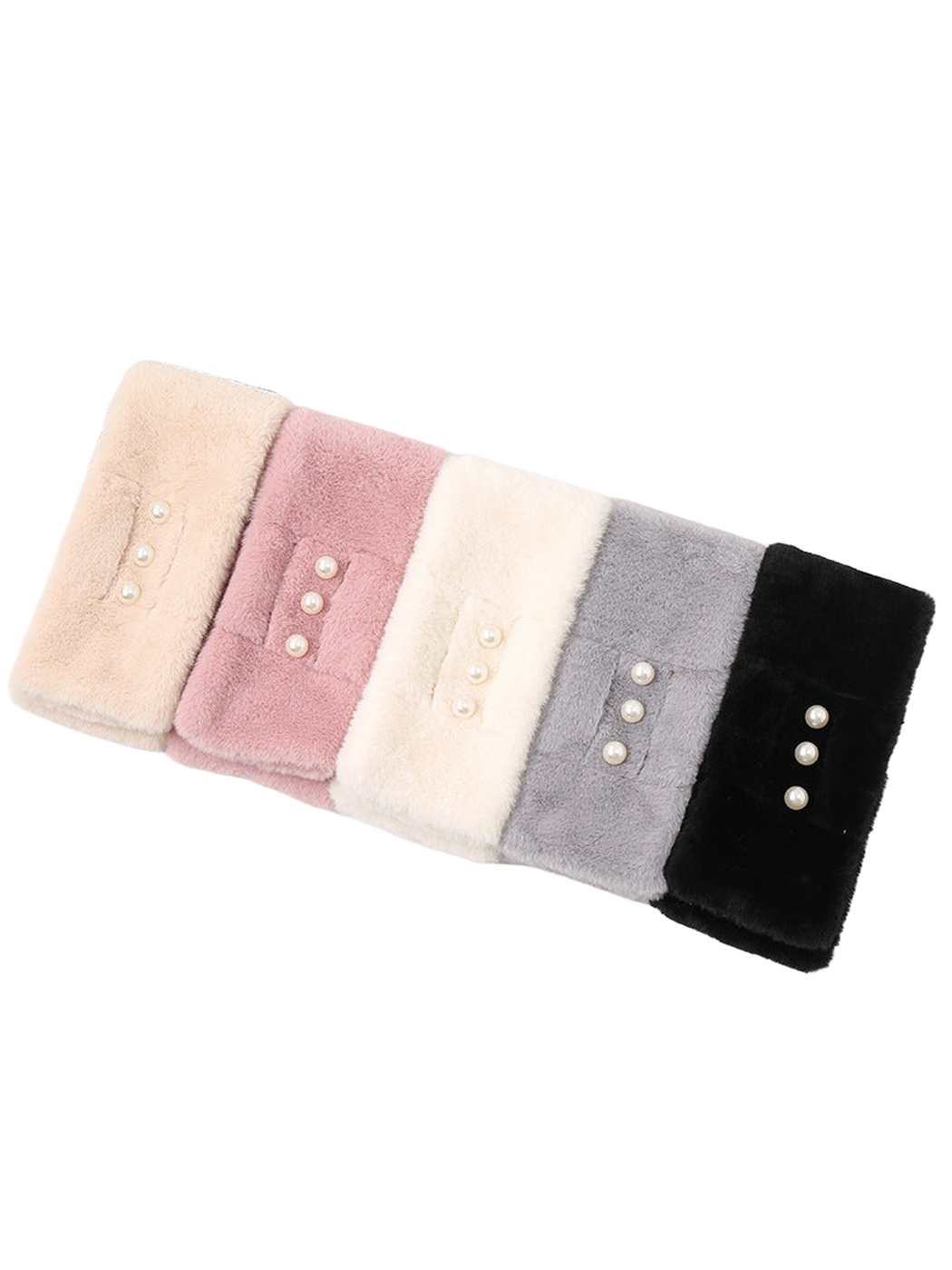 Black, ivory, beige, light gray and blush pink pull-through scarves folded in a row