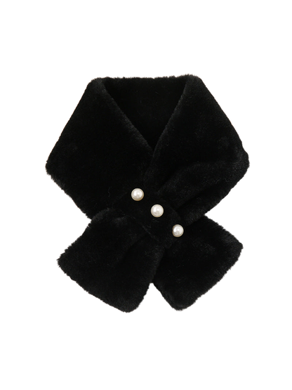 Black fuzzy pull-through scarf with three pearl-look studs