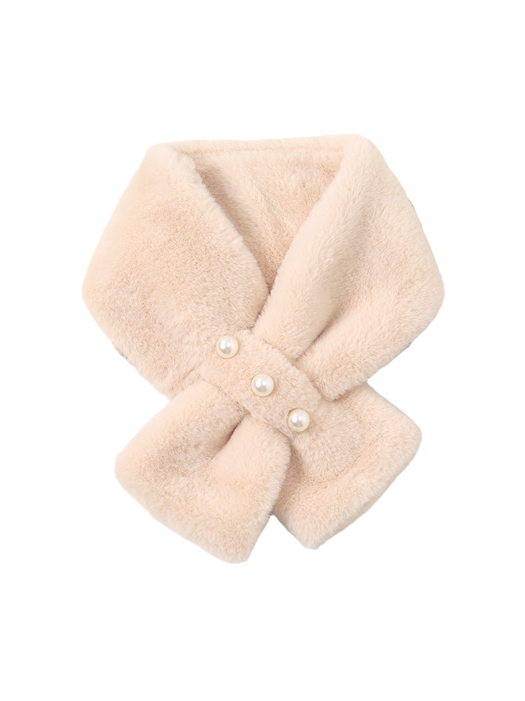 Beige fuzzy pull-through scarf with three pearl-look studs