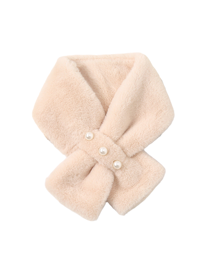Beige fuzzy pull-through scarf with three pearl-look studs