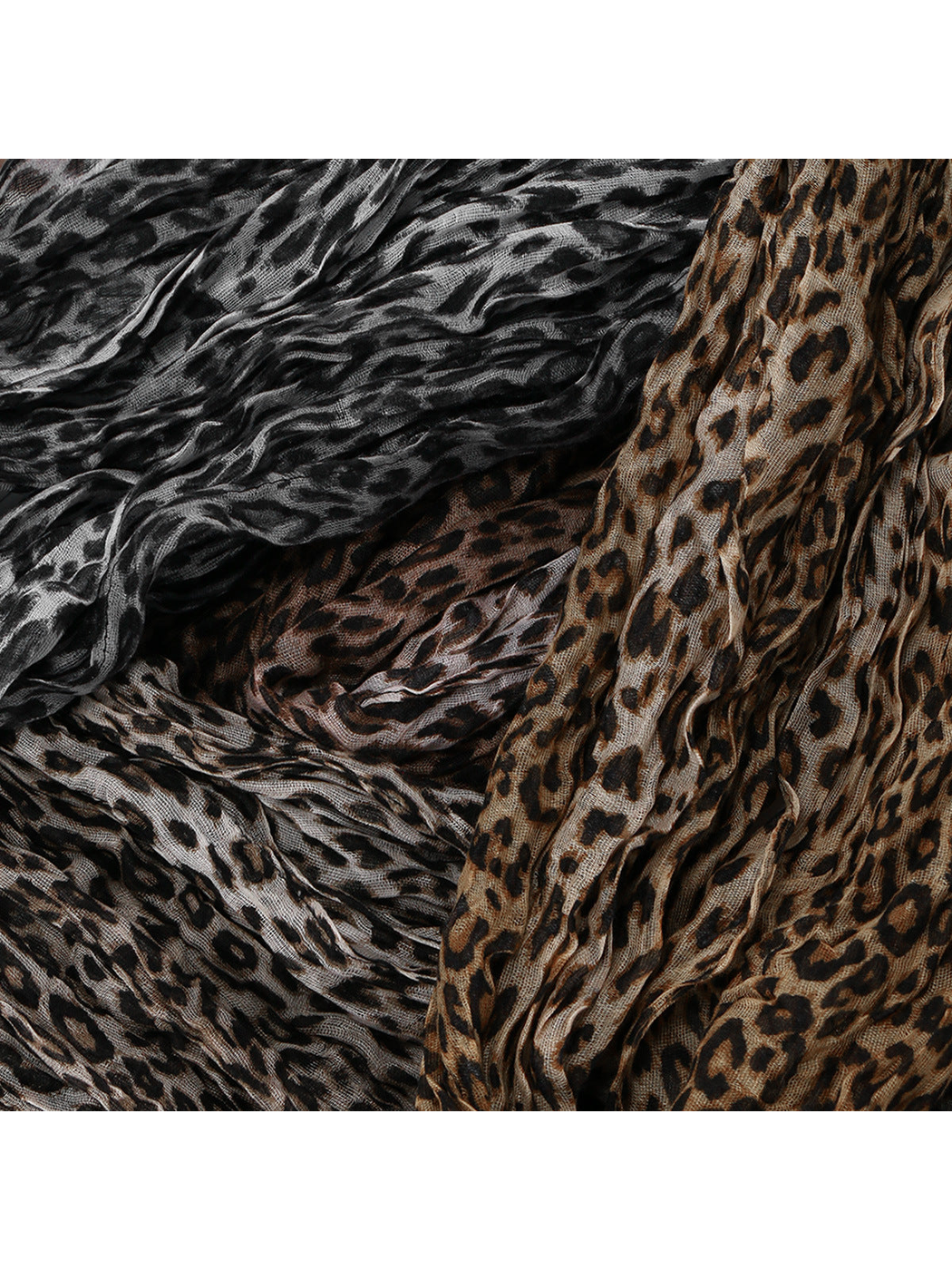 Close-up of crinkled leopard-print scarf patterns in gray and brown tones