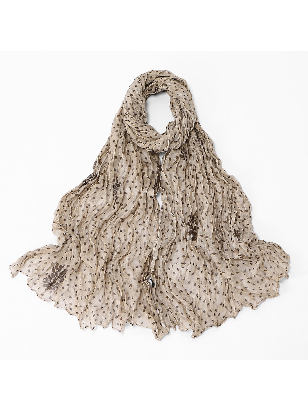 Khaki Dots crinkled scarf with scattered floral accents, full view