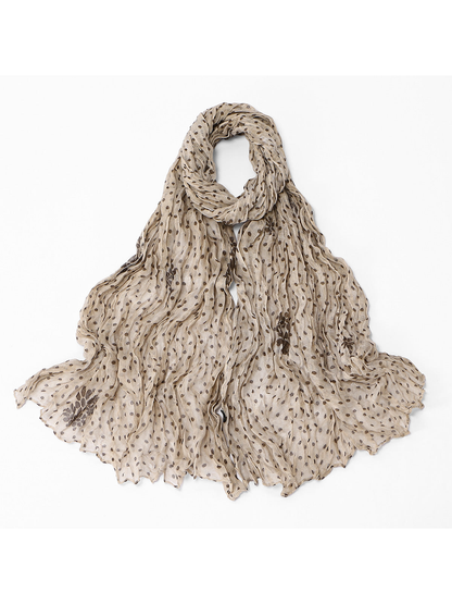 Khaki Dots crinkled scarf with scattered floral accents, full view