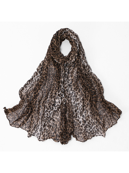 Coffee Leopard crinkled scarf, full view