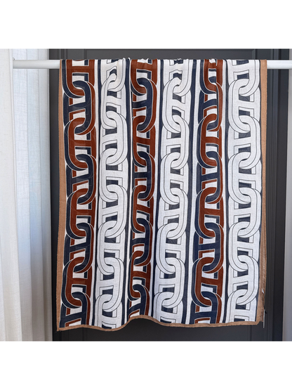 Multicolor rectangular scarf with interlocking geometric bands, full pattern view