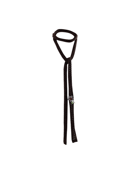 Dark Coffee skinny scarf with openwork texture and floral appliqué