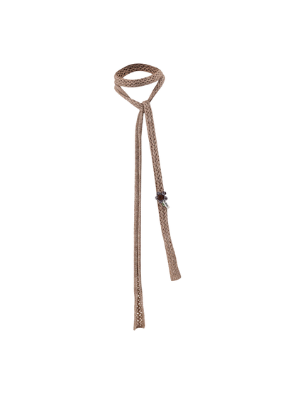 Khaki skinny scarf with openwork texture and floral appliqué