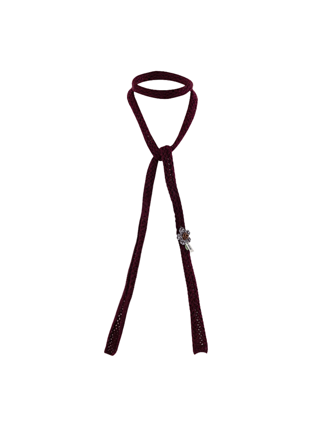 Burgundy skinny scarf with openwork texture and floral appliqué