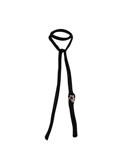 Black skinny scarf with openwork texture and floral appliqué