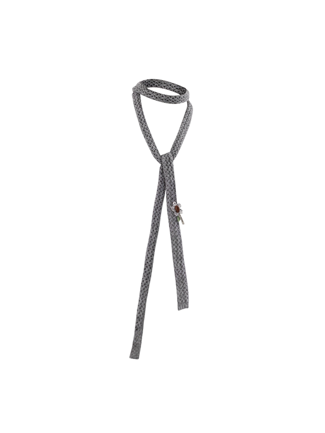 Heather Gray skinny scarf with openwork texture and floral appliqué