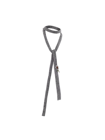 Heather Gray skinny scarf with openwork texture and floral appliqué