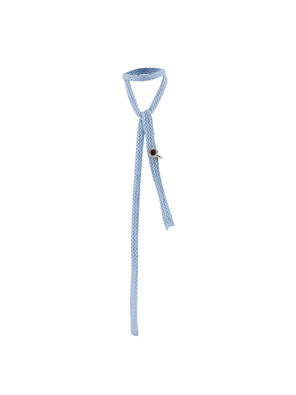 Light Blue skinny scarf with openwork texture and floral appliqué