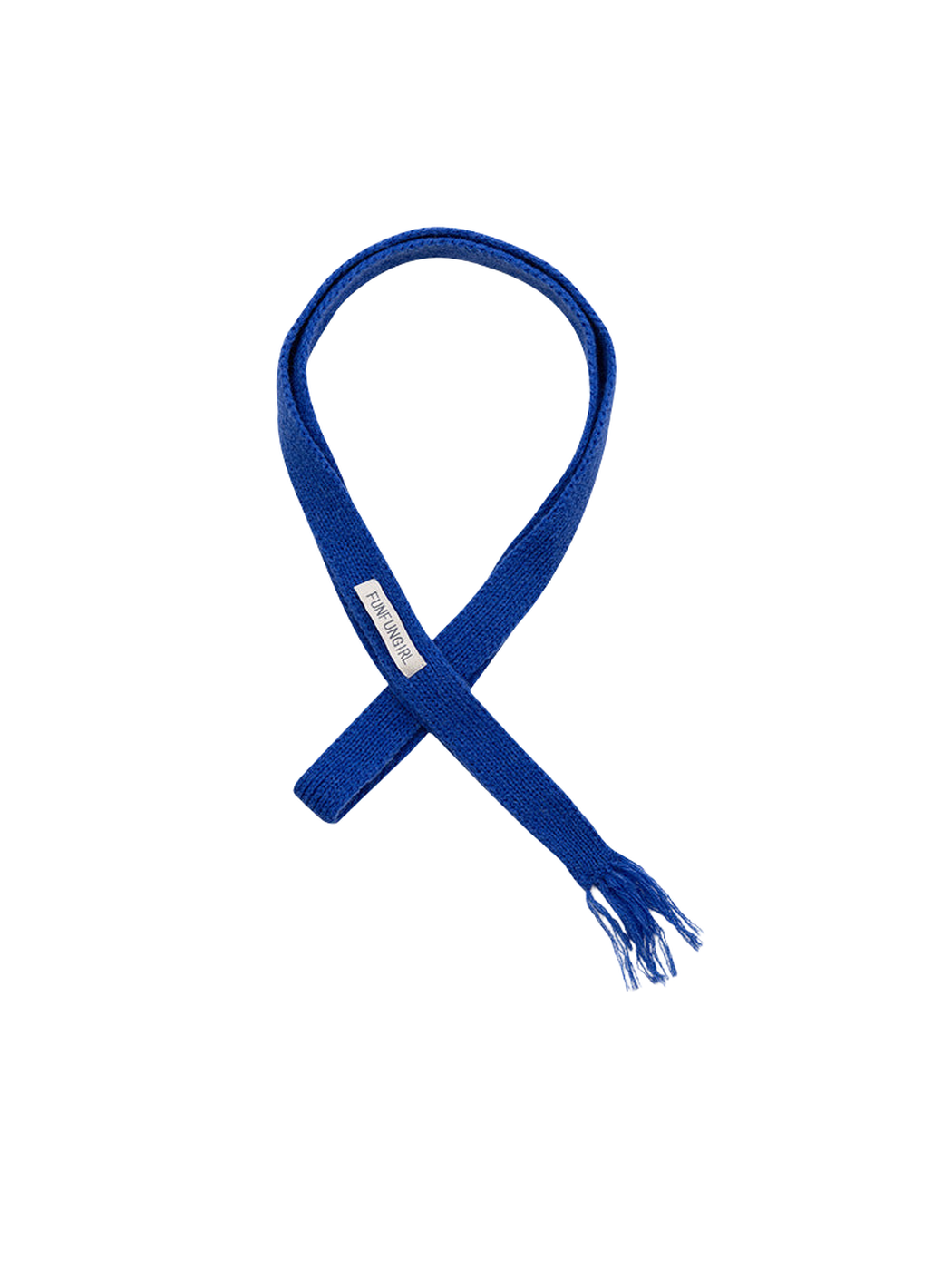 Blue narrow knit scarf with fringed end