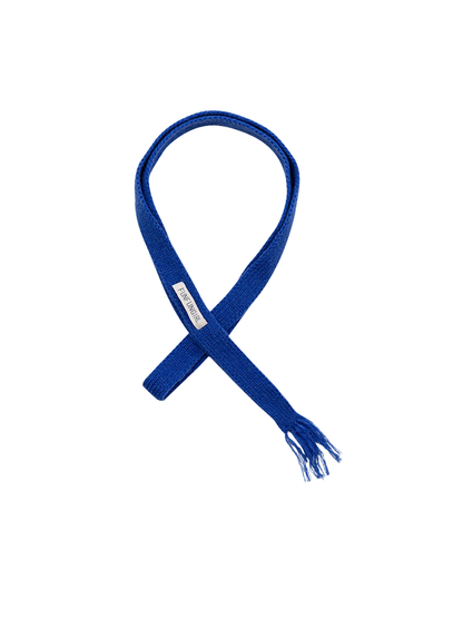 Blue narrow knit scarf with fringed end