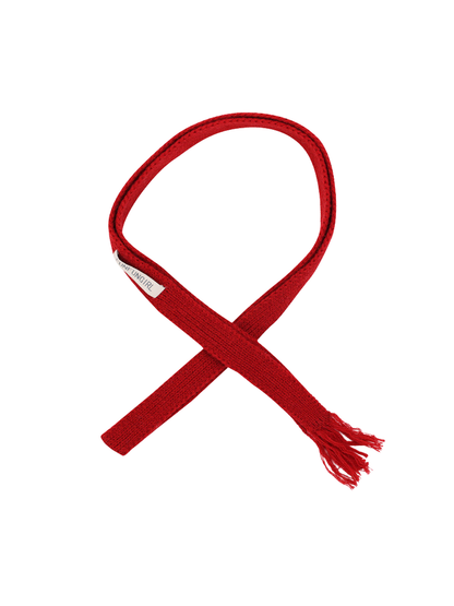 Red narrow knit scarf with fringed end