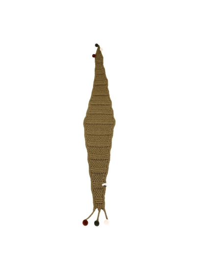 Long tapered scarf with textured openwork bands and pom-pom-tipped ties