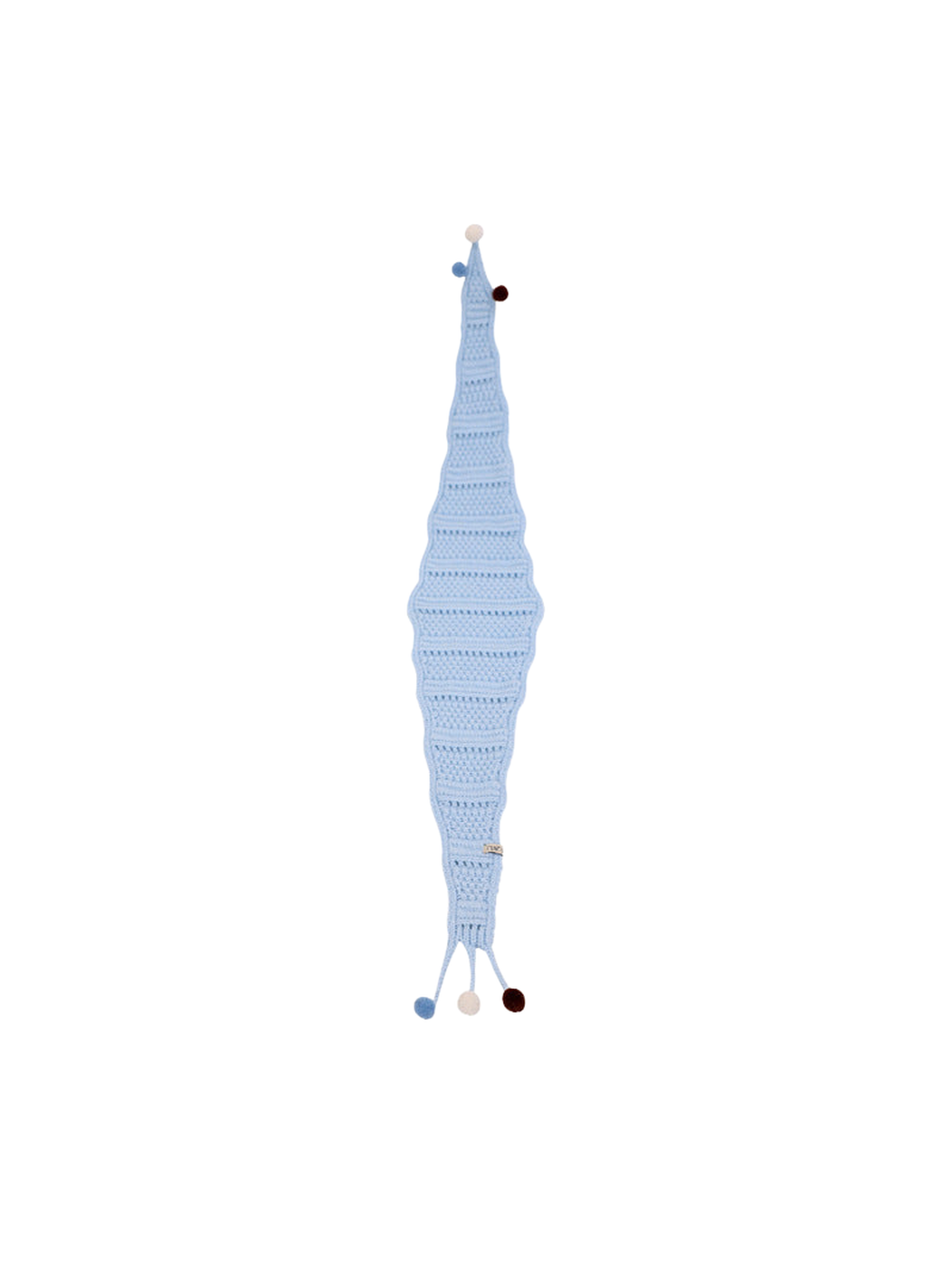 Light Blue tapered scarf with openwork bands and pom-pom-tipped ties