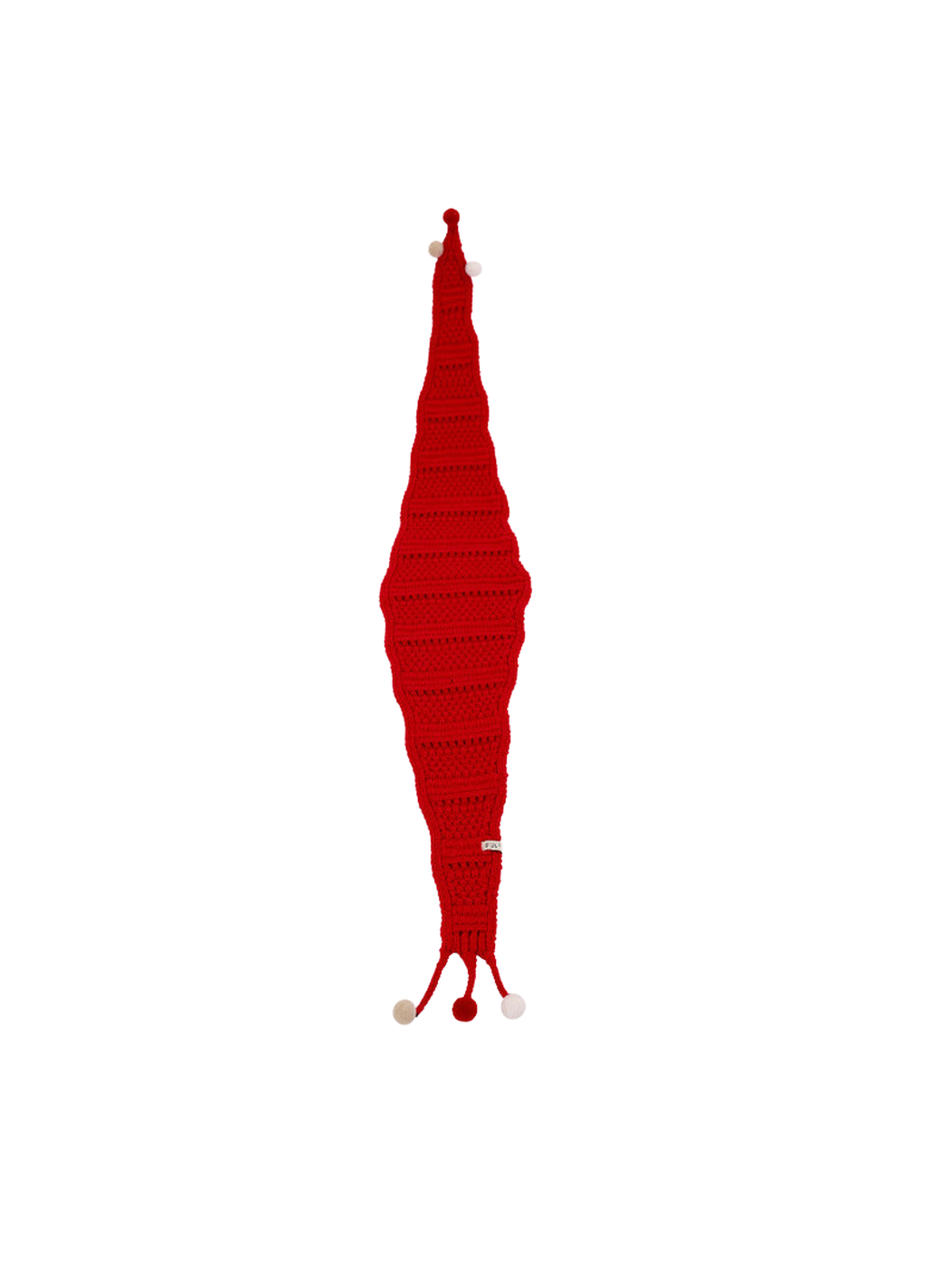 Red tapered scarf with openwork bands and pom-pom-tipped ties
