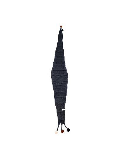 Dark Gray tapered scarf with openwork bands and pom-pom-tipped ties
