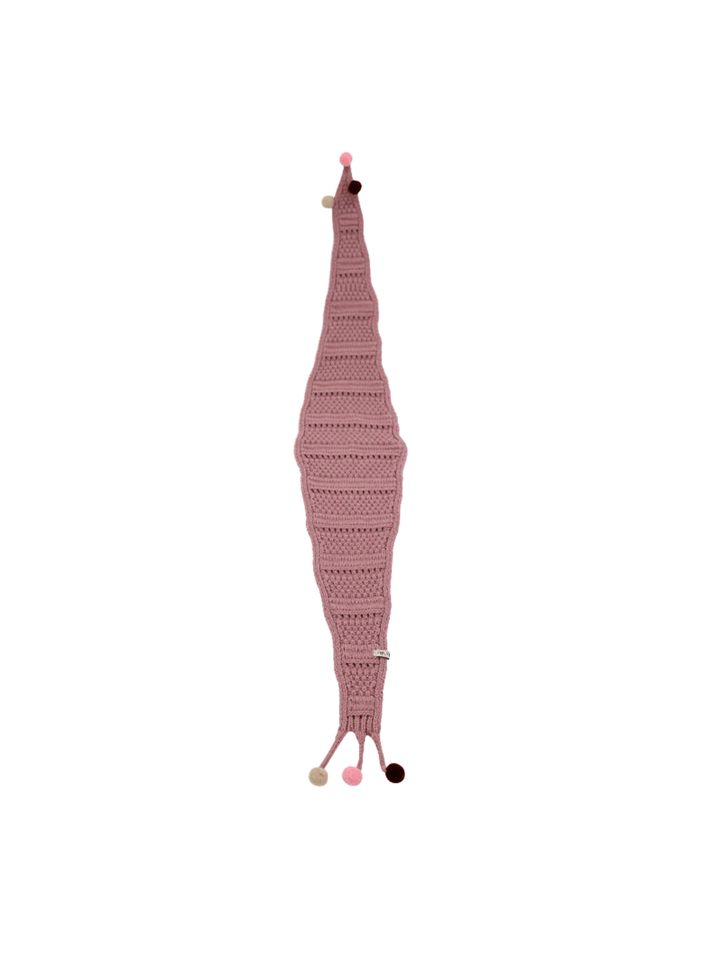 Dusty Pink tapered scarf with openwork bands and pom-pom-tipped ties