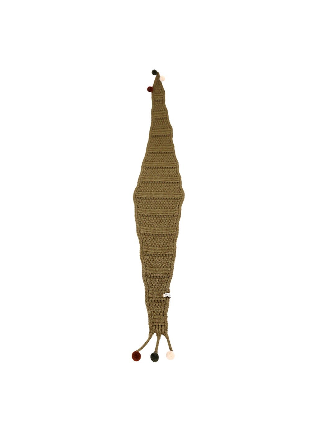 Army Green tapered scarf with openwork bands and pom-pom-tipped ties