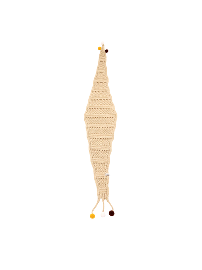 Cream tapered scarf with openwork bands and pom-pom-tipped ties