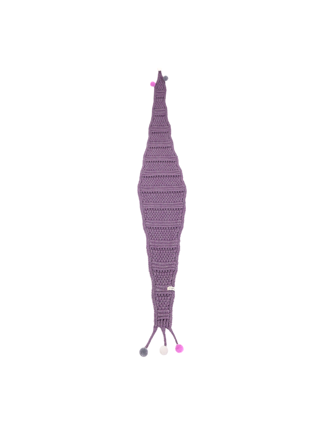 Heather Purple tapered scarf with openwork bands and pom-pom-tipped ties