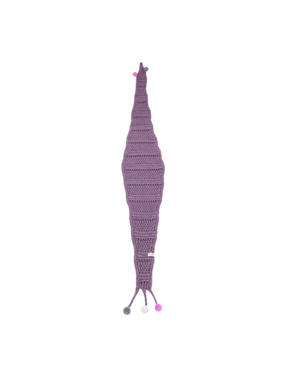 Heather Purple tapered scarf with openwork bands and pom-pom-tipped ties
