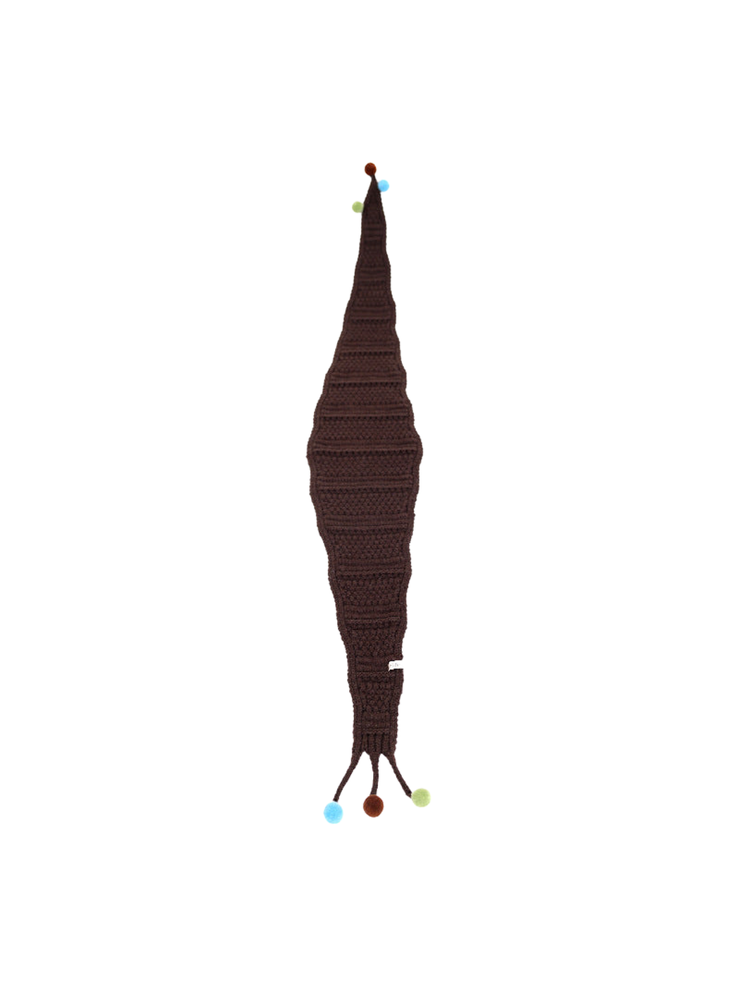 Dark Coffee tapered scarf with openwork bands and pom-pom-tipped ties