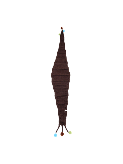 Dark Coffee tapered scarf with openwork bands and pom-pom-tipped ties