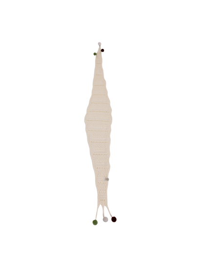 Ivory tapered scarf with openwork bands and pom-pom-tipped ties