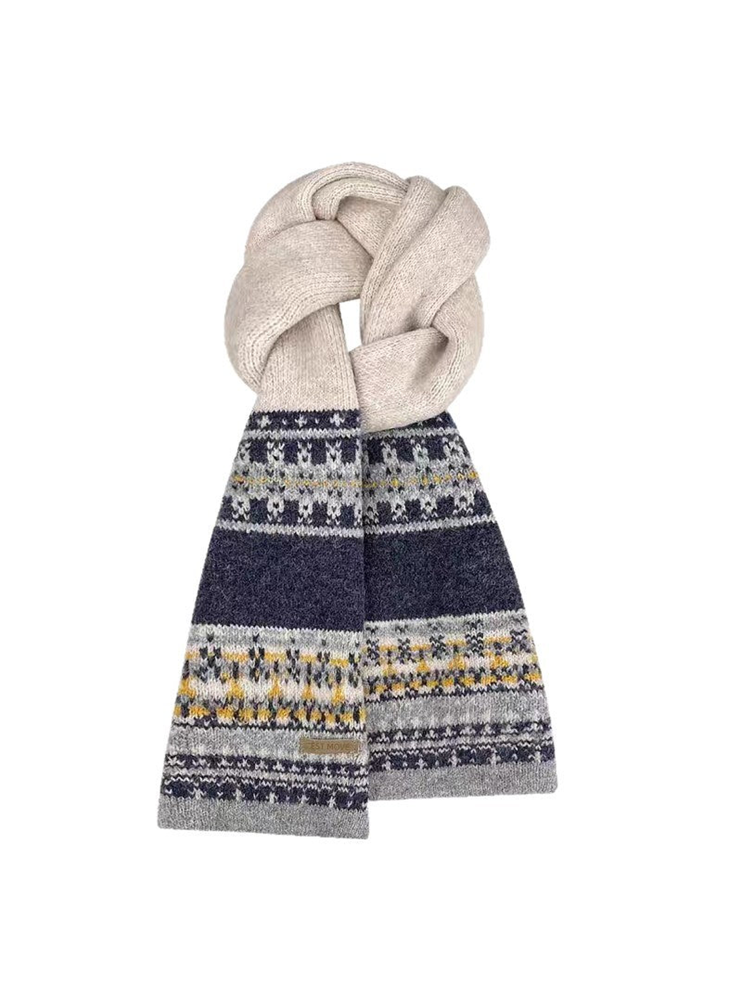 Beige long scarf with blue, gray and yellow geometric bands
