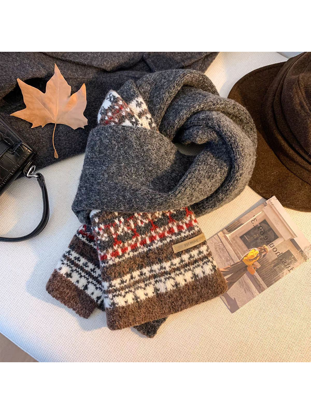 Dark Gray geometric-pattern scarf arranged with fall accessories
