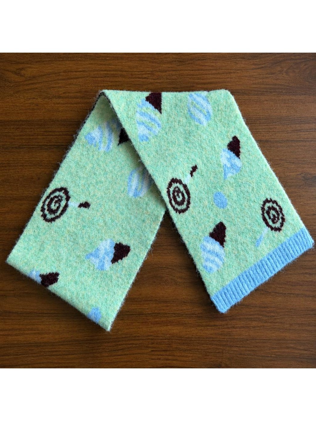 Ice Cream patterned scarf with blue ribbed ends, full view