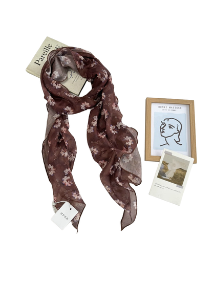 Coffee Floral scarf with dusty pink flower pattern, full draped view