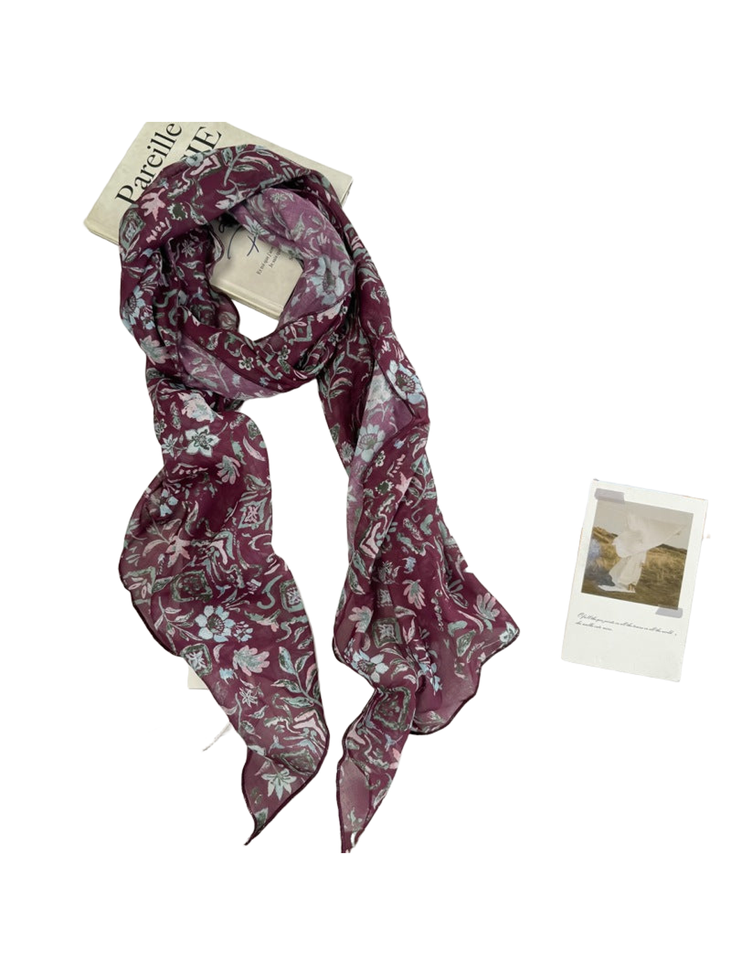 Floral scarf with burgundy ornamental pattern