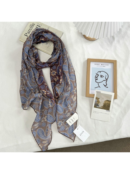 Paisley scarf in blue-gray and brown, draped view
