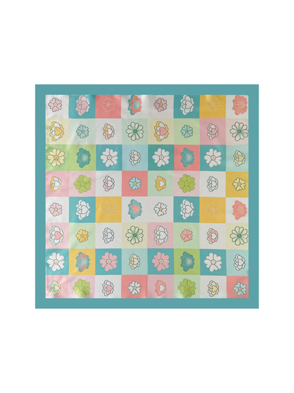Mint, aqua, pink and yellow floral checkerboard square scarf, flat view