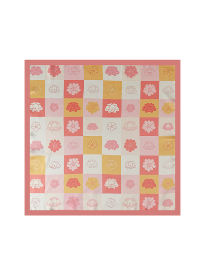 Pink, peach and yellow floral checkerboard square scarf, flat view