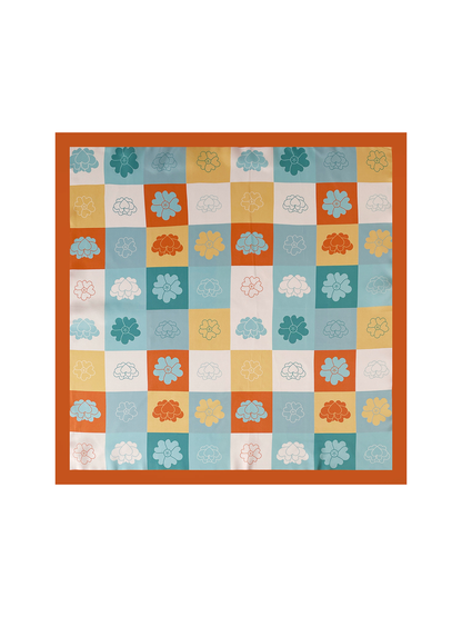 Light blue, orange and yellow floral checkerboard square scarf, flat view