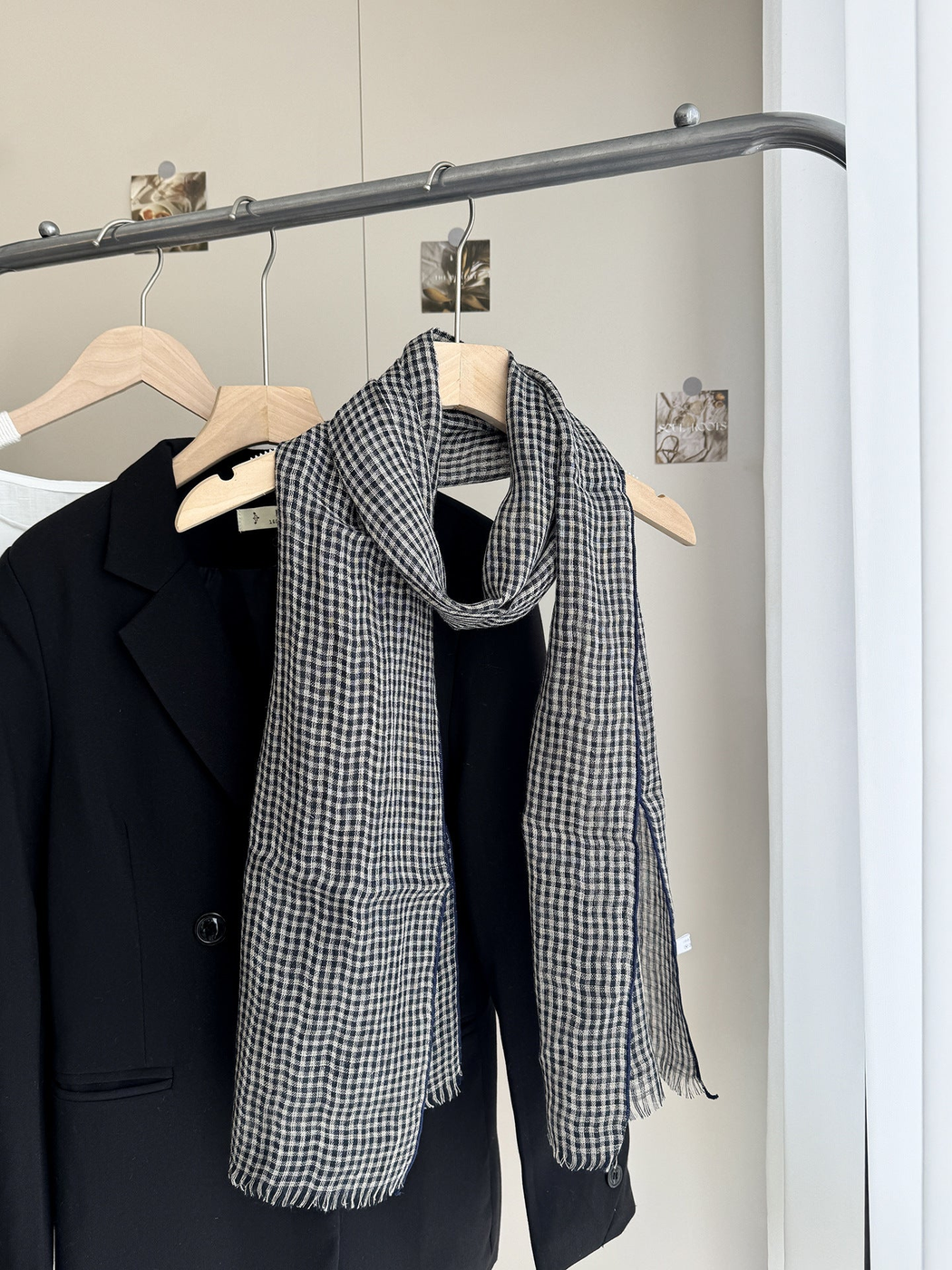 Small Check scarf with fringed ends, front draped view
