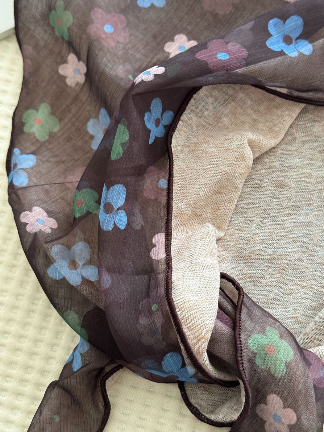 Close-up of the Small Floral scarf print and semi-sheer surface