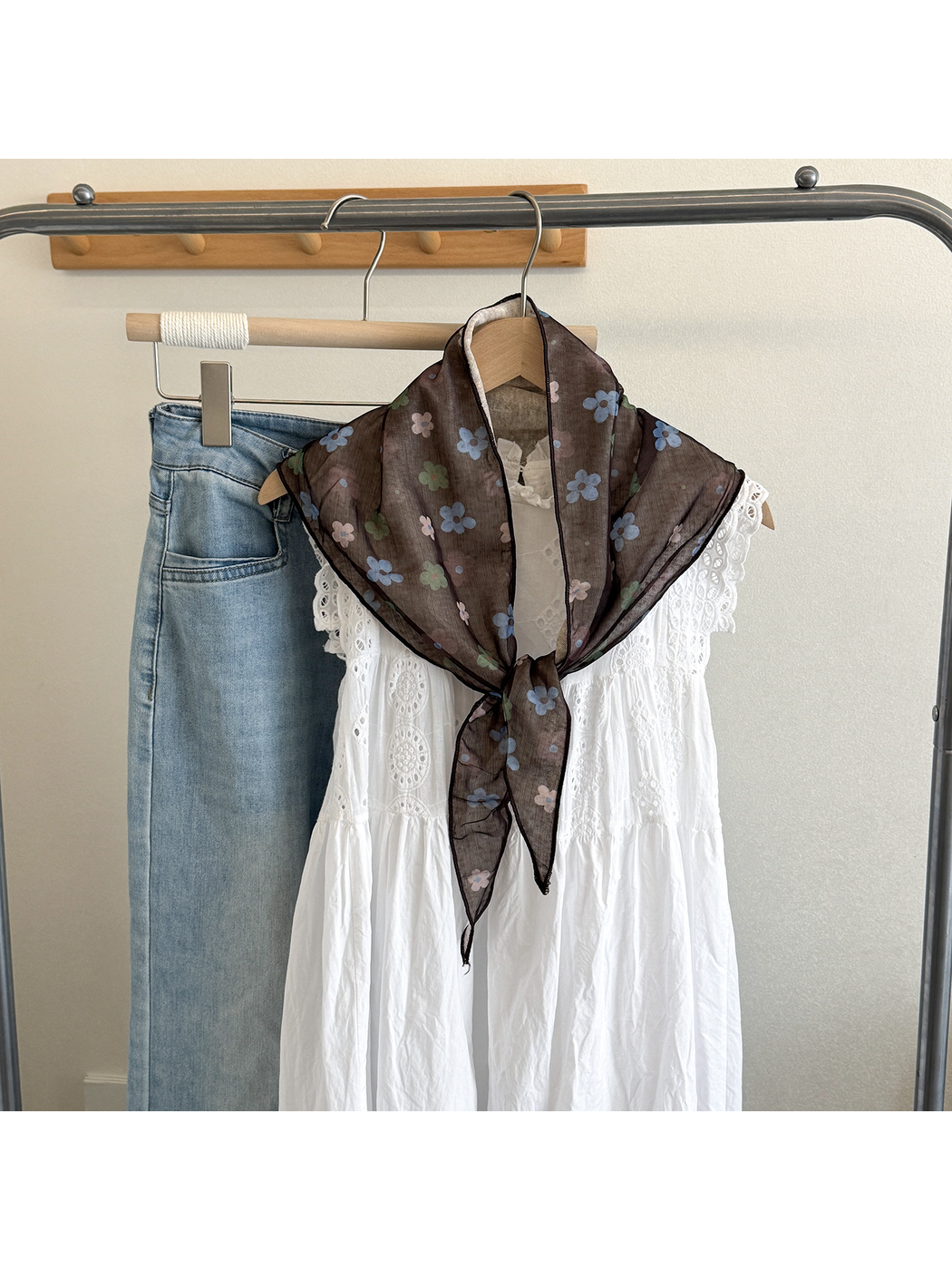 Small Floral triangle scarf tied over a white dress