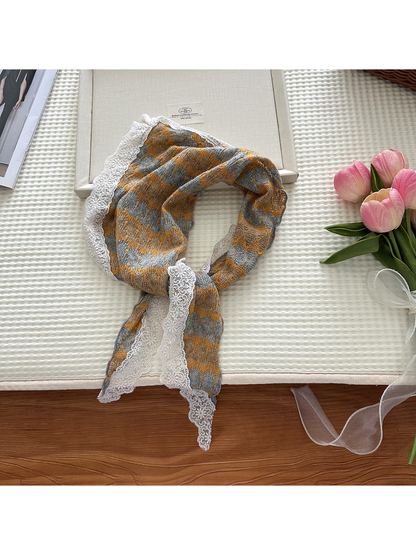 Yellow and gray striped triangle scarf with white lace edging