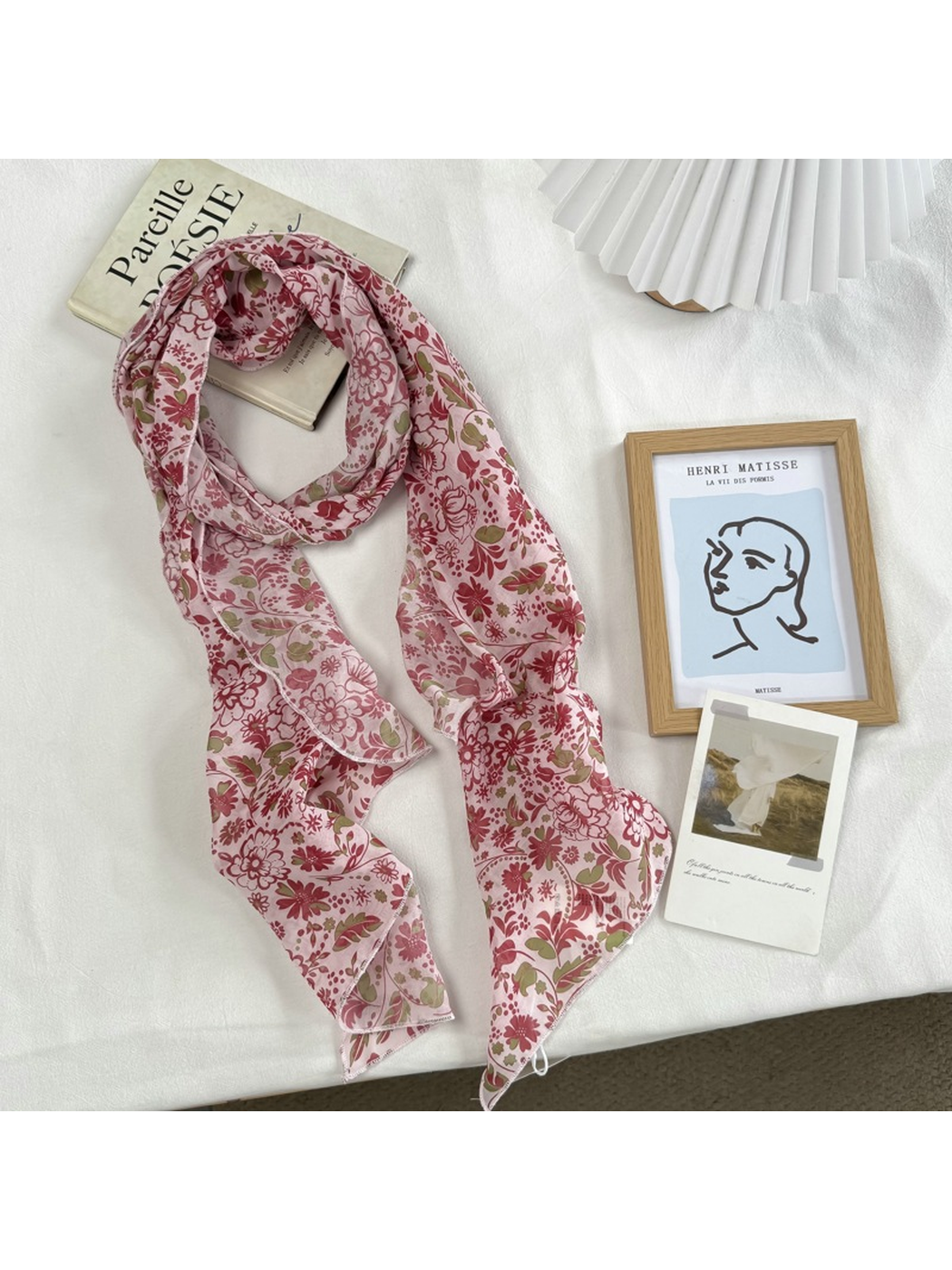 Pink Floral long scarf with botanical print, draped view