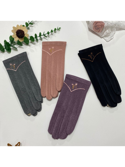 Heather Gray, Dusty Pink, Heather Purple, and Black embroidered gloves displayed together