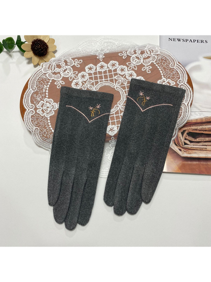 Heather Gray gloves with floral embroidery and a contrasting V-shaped cuff line