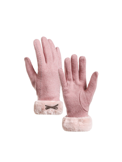 Pink gloves with bow accents and fuzzy cuffs, front and palm views