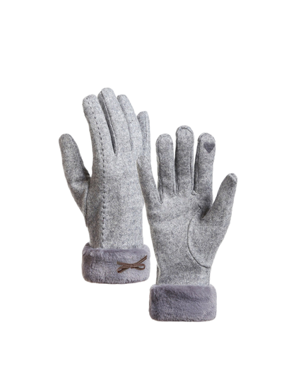 Gray gloves with bow accents and fuzzy cuffs, front and palm views