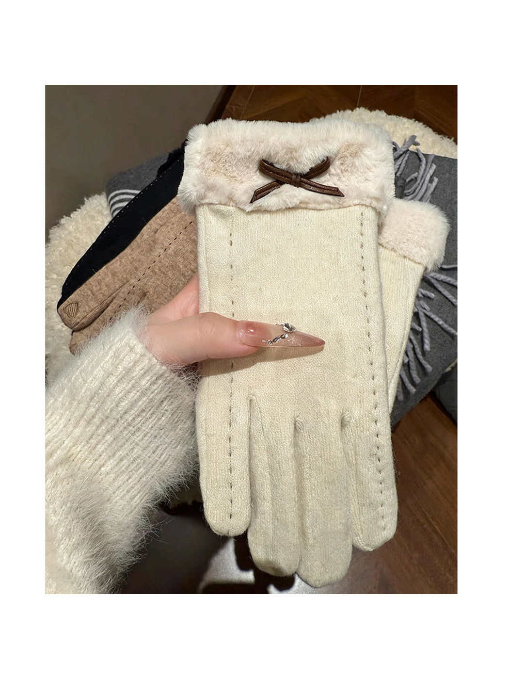 Ivory gloves with bow accent displayed with beige and black color options